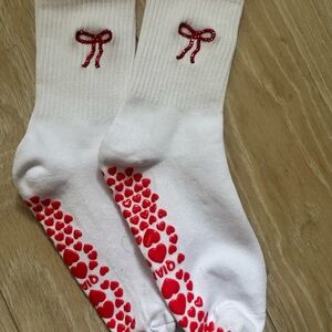 White Grip Socks with Red Rhinestone Bow